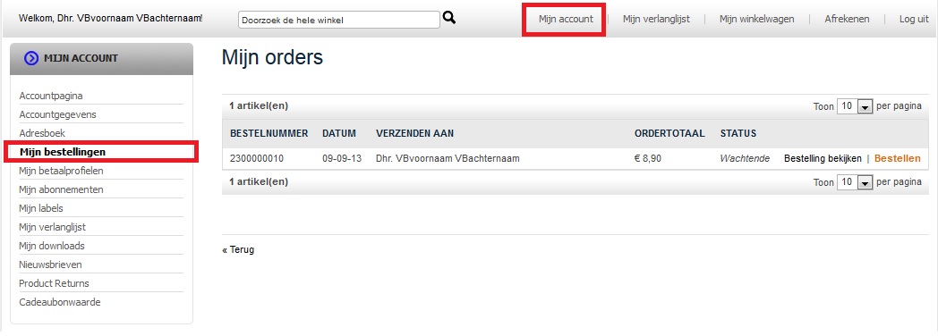Klant account bestellingen volgen