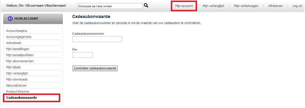 Klant account cadeaubonwaarde